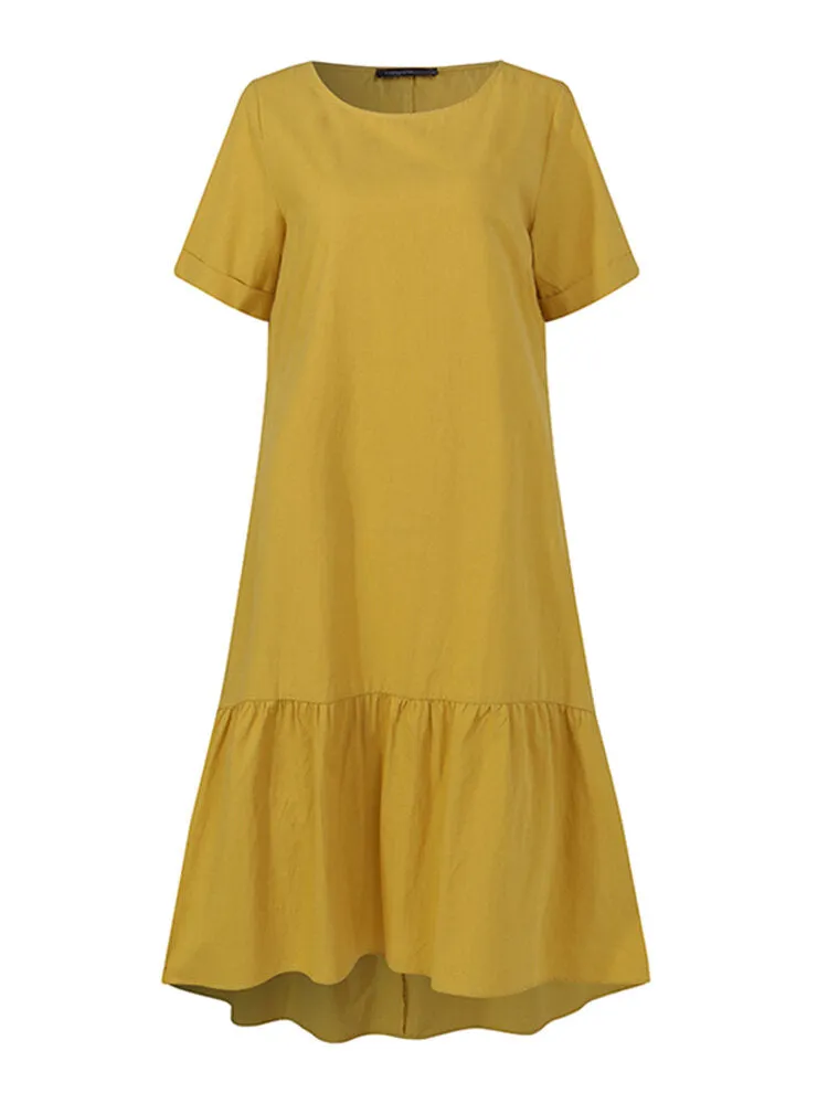 Cotton Pure Color Ruffles Round Neck Short Sleeve Casual Women Midi Dress