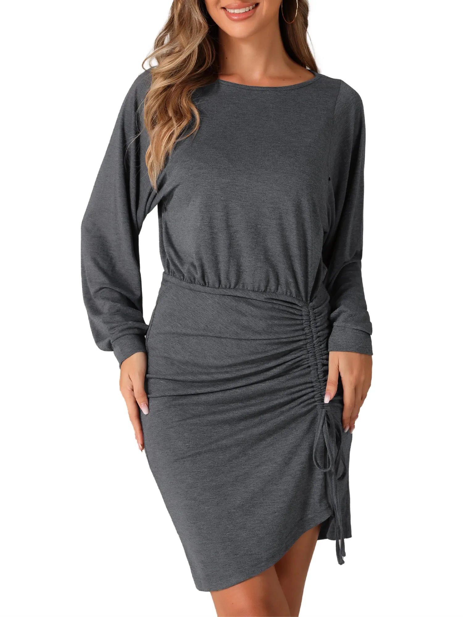 Crew Neck Ruched Drawstring Elastic Waist Long Sleeve Casual Mini Dress
