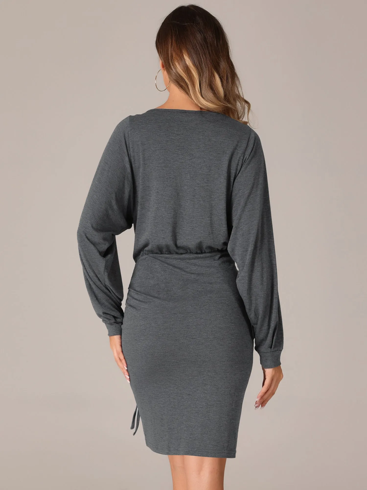 Crew Neck Ruched Drawstring Elastic Waist Long Sleeve Casual Mini Dress