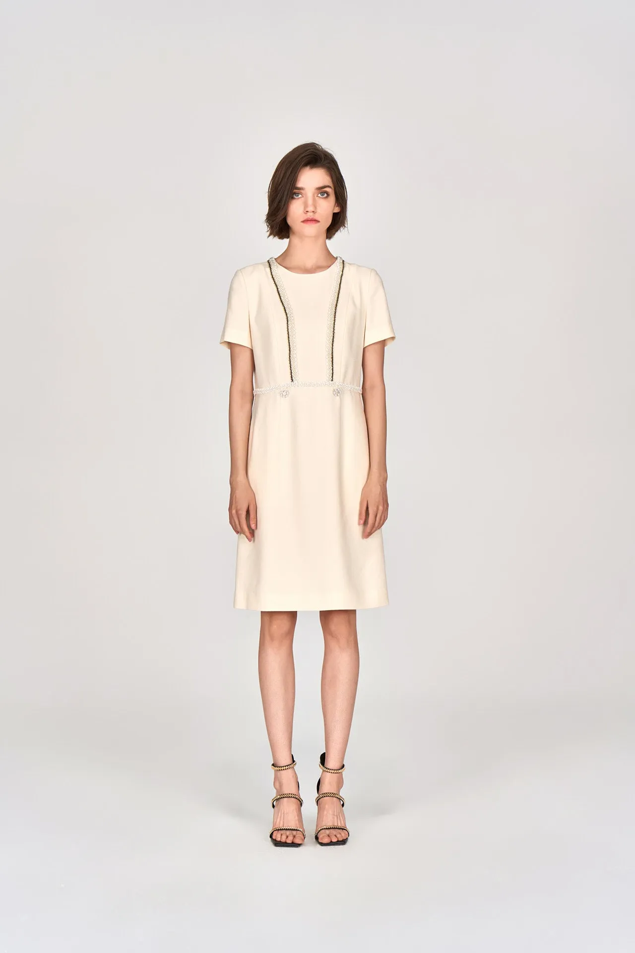 Custard Beaded Crepe Midi Dress