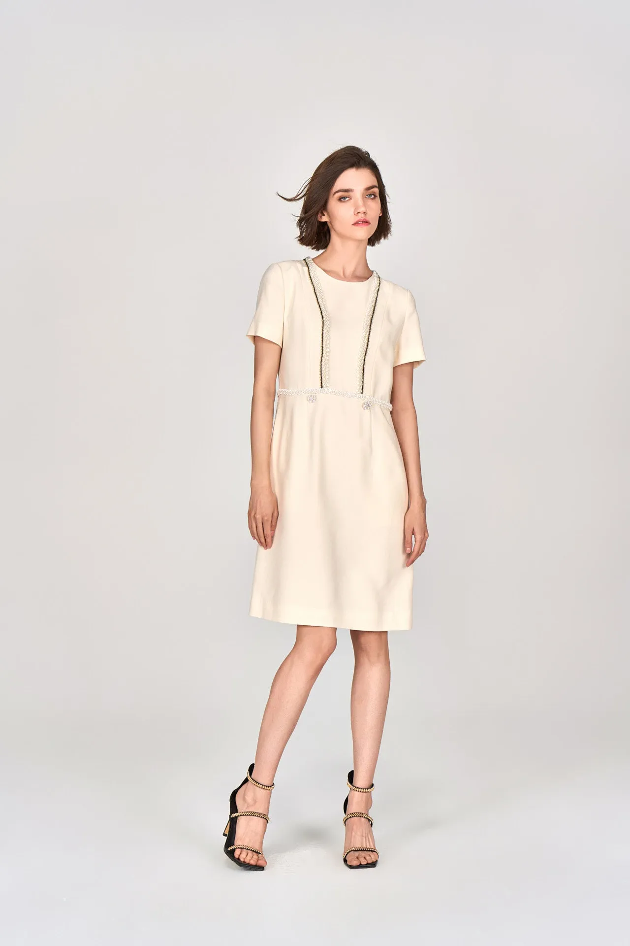 Custard Beaded Crepe Midi Dress