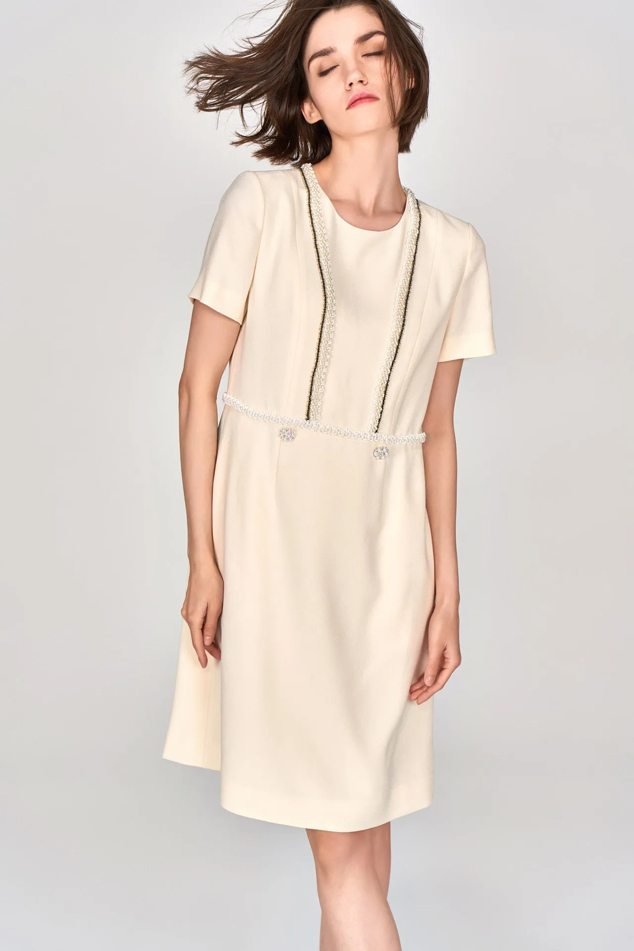 Custard Beaded Crepe Midi Dress