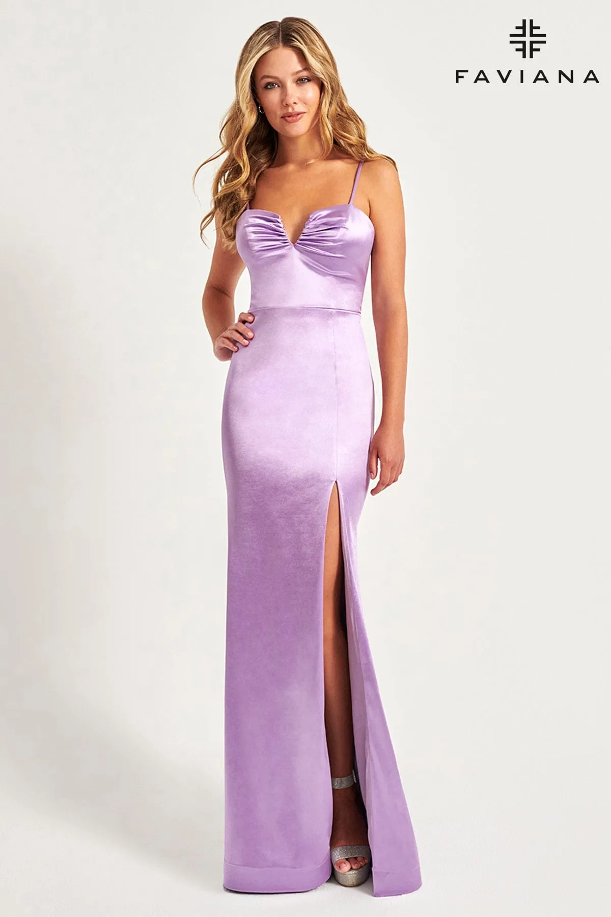 Faviana 11025 Long Prom Ruched Slit Formal Evening Dress