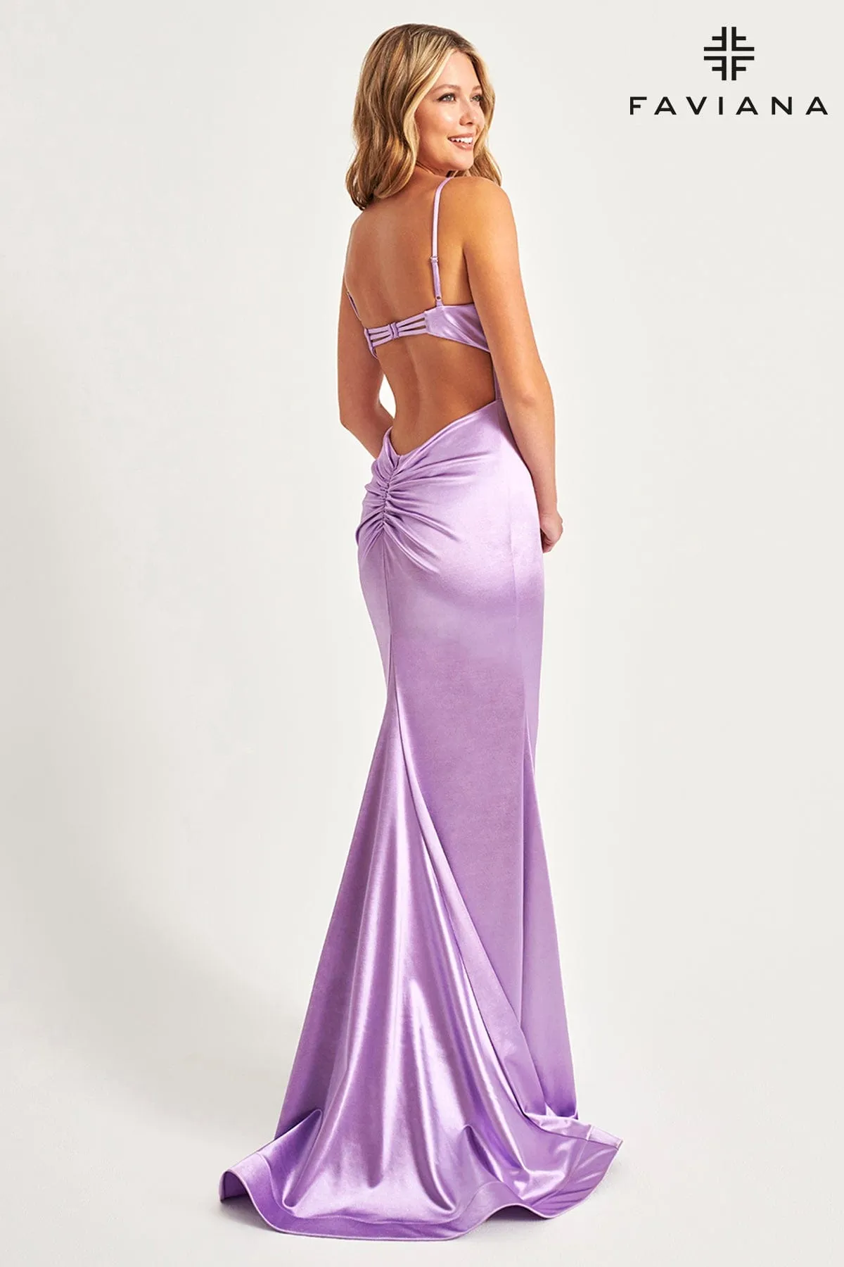 Faviana 11025 Long Prom Ruched Slit Formal Evening Dress