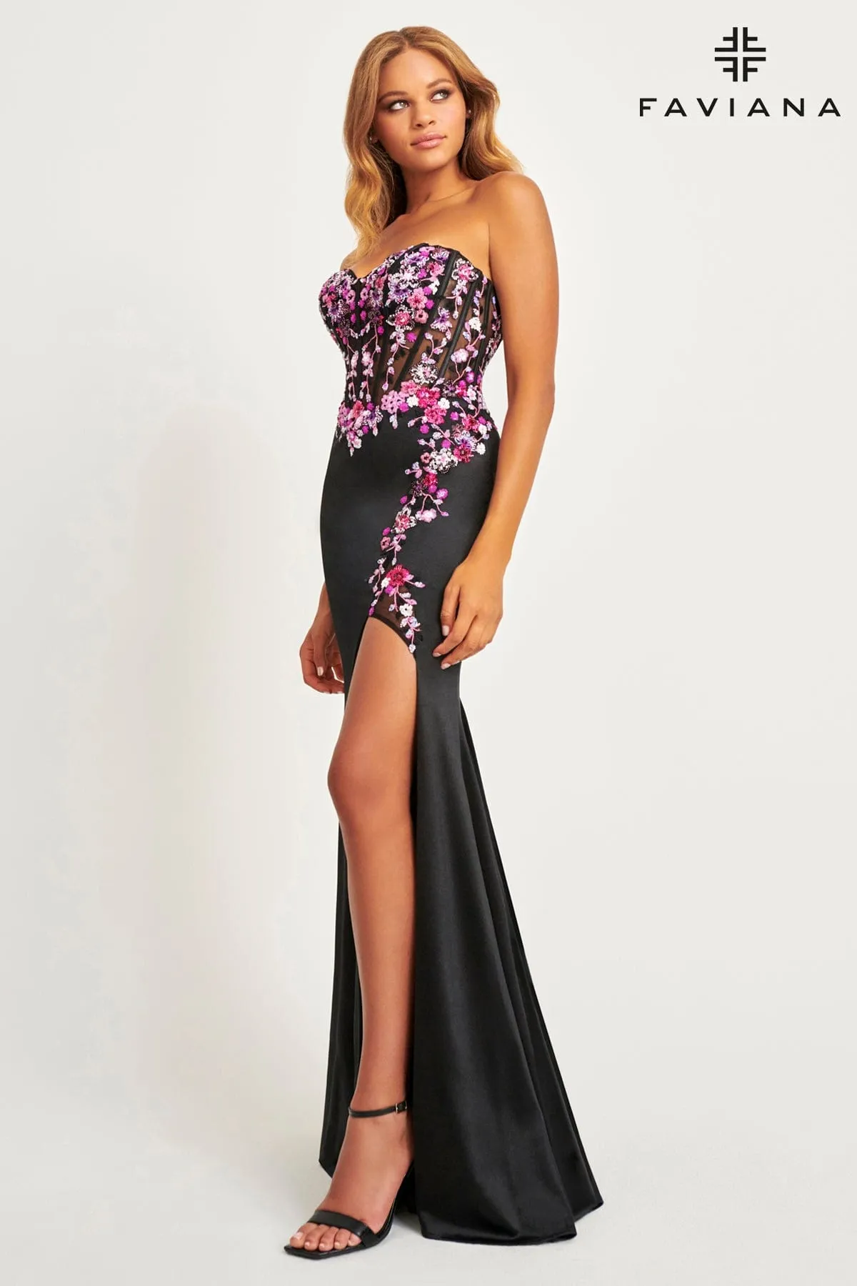 Faviana 11029 Floral Long Formal Sequin Applique Evening Prom Dress