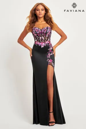 Faviana 11029 Floral Long Formal Sequin Applique Evening Prom Dress