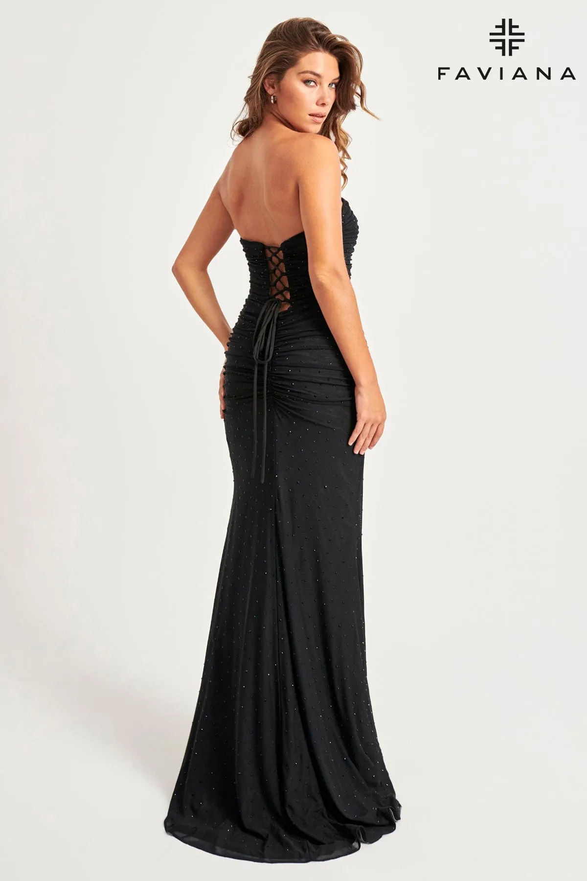 Faviana 11040 Long Prom Fitted Ruched Formal Beaded Dress