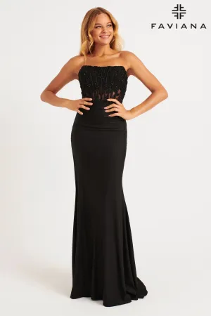Faviana 11081 Long Beaded Ruched Formal Prom Dress