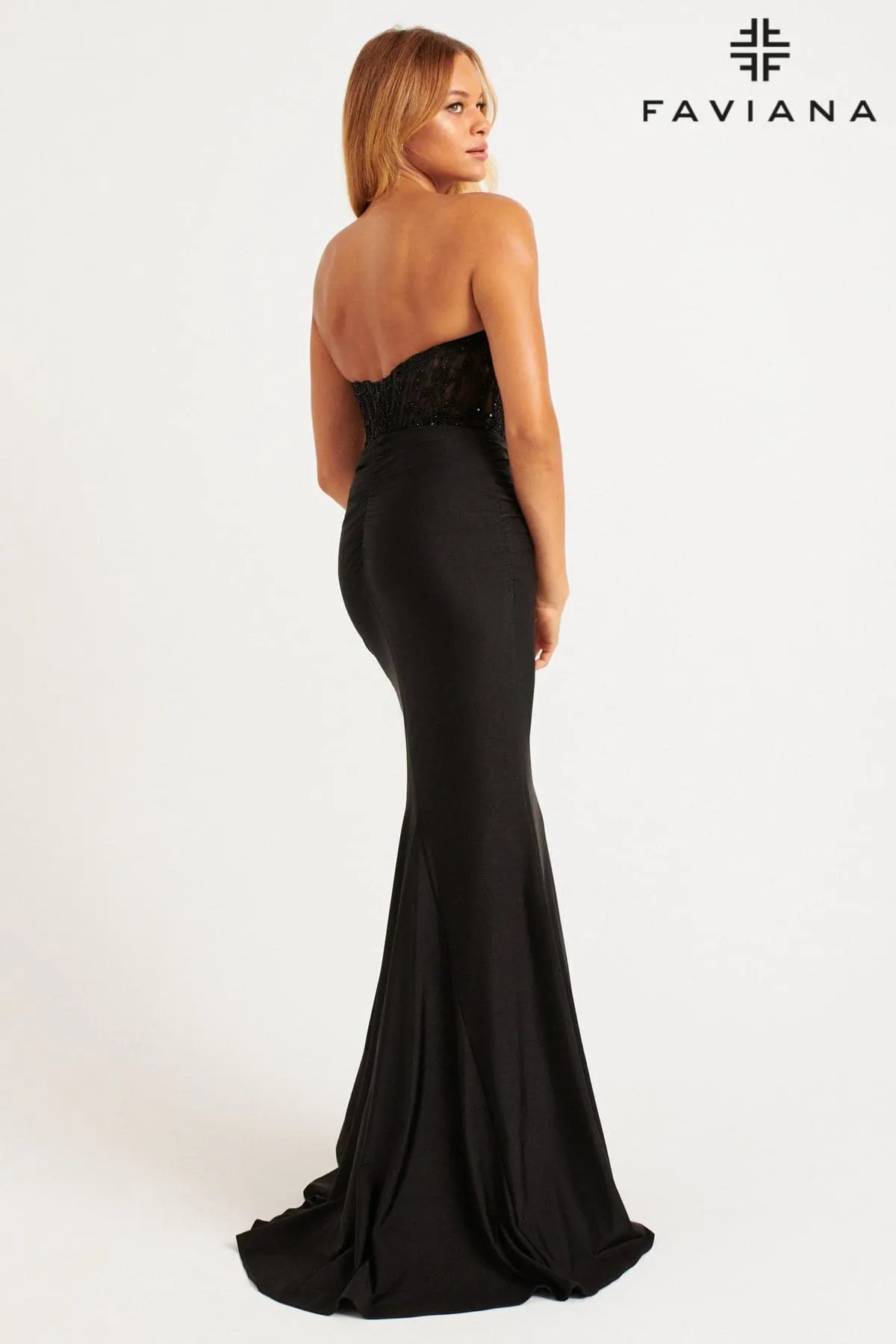 Faviana 11081 Long Beaded Ruched Formal Prom Dress