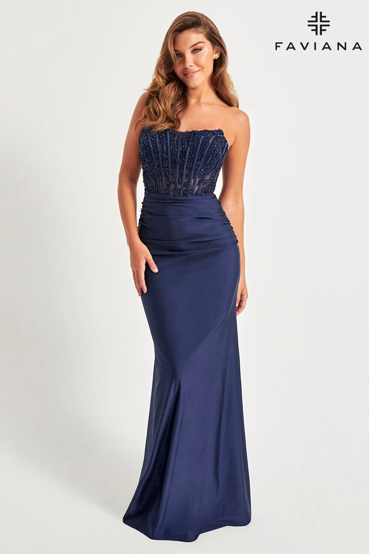 Faviana 11081 Long Beaded Ruched Formal Prom Dress