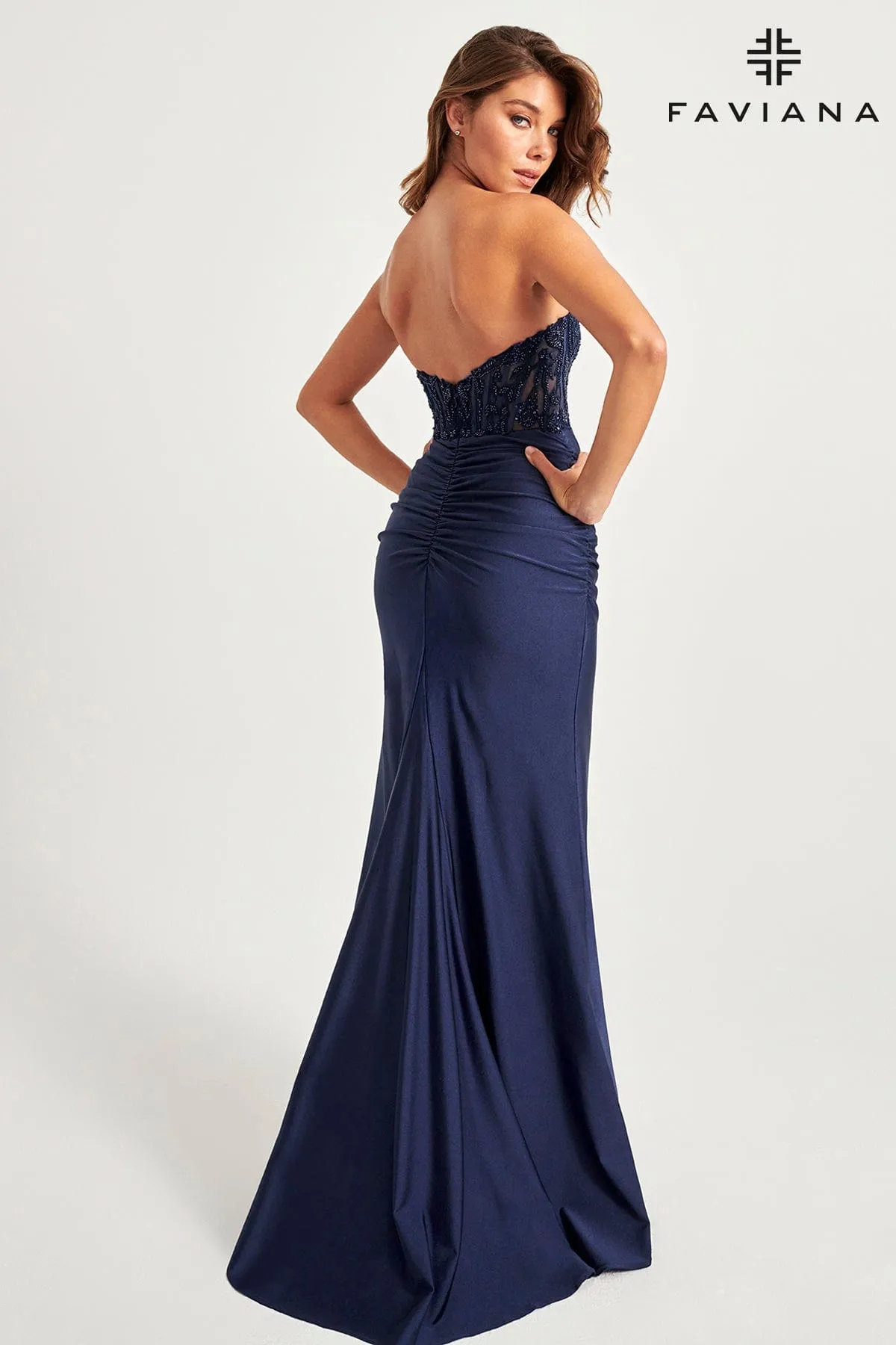 Faviana 11081 Long Beaded Ruched Formal Prom Dress