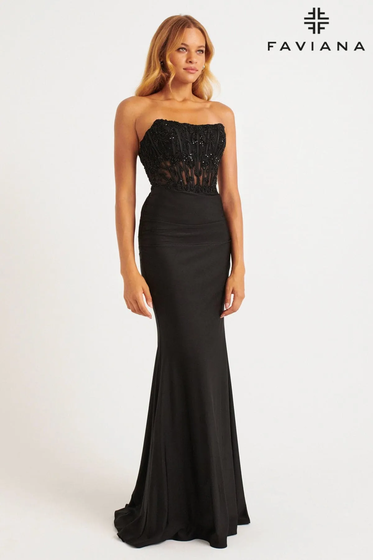 Faviana 11081 Long Beaded Ruched Formal Prom Dress