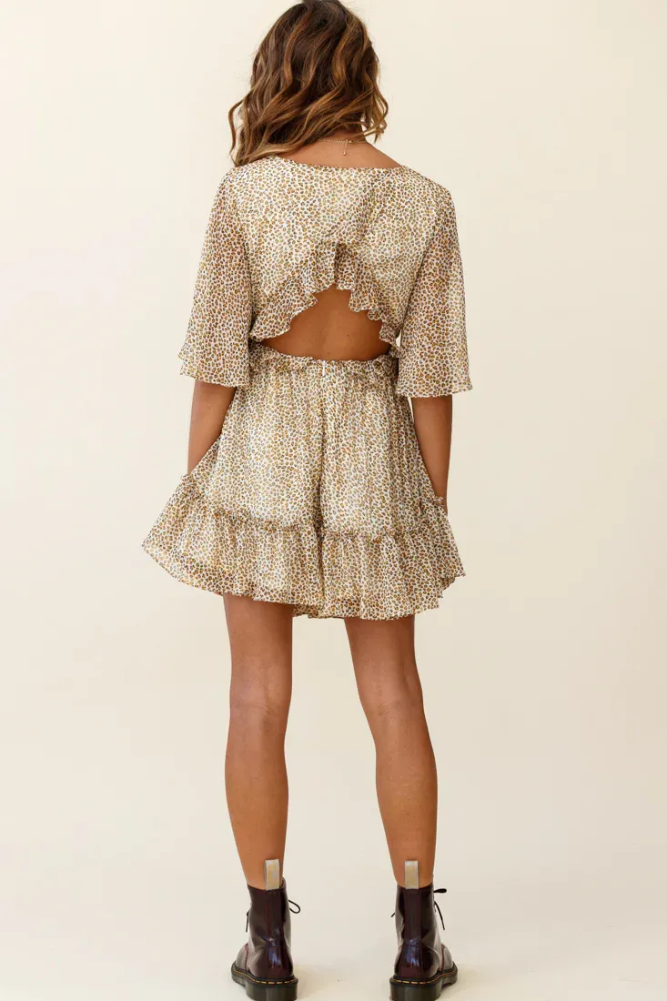 Flissy Angel Sleeve Cut-Out Babydoll Dress Leopard Print Mustard