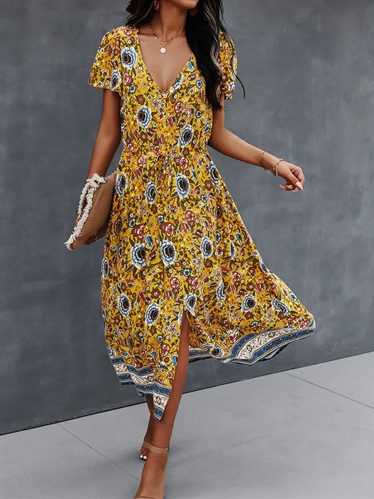 Flower Button Drawstring V-neck Short Sleeve Print Women Midi Dress