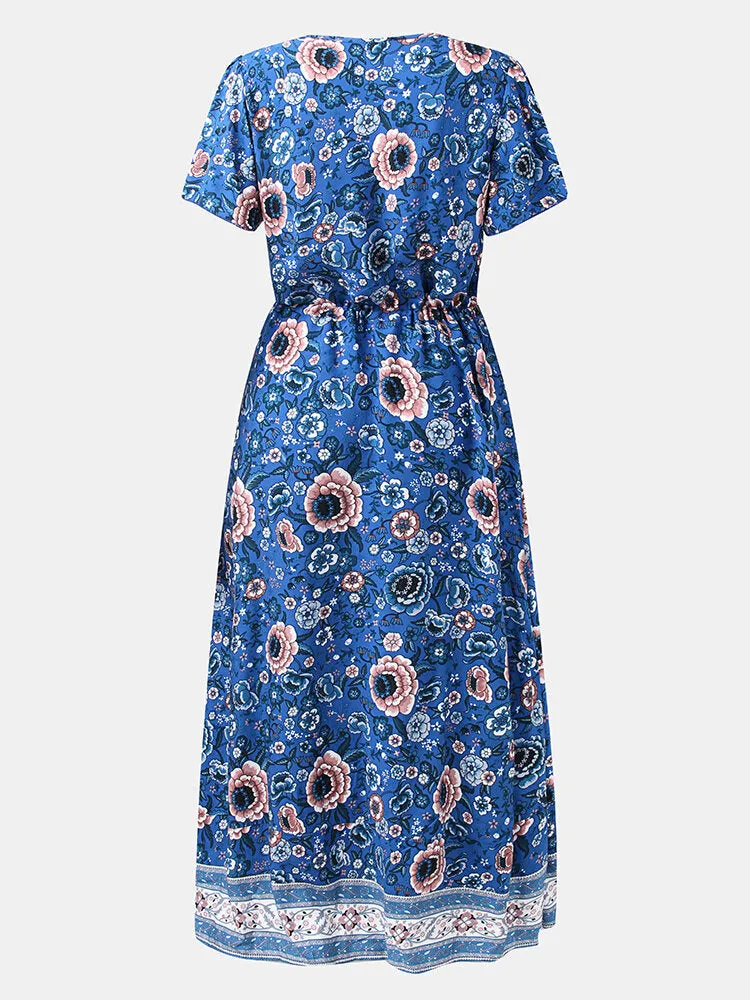 Flower Button Drawstring V-neck Short Sleeve Print Women Midi Dress