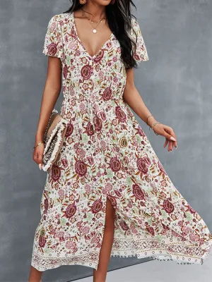 Flower Button Drawstring V-neck Short Sleeve Print Women Midi Dress