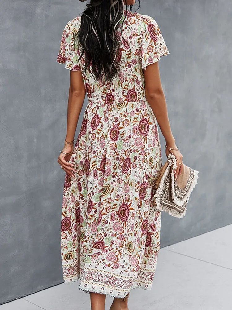 Flower Button Drawstring V-neck Short Sleeve Print Women Midi Dress