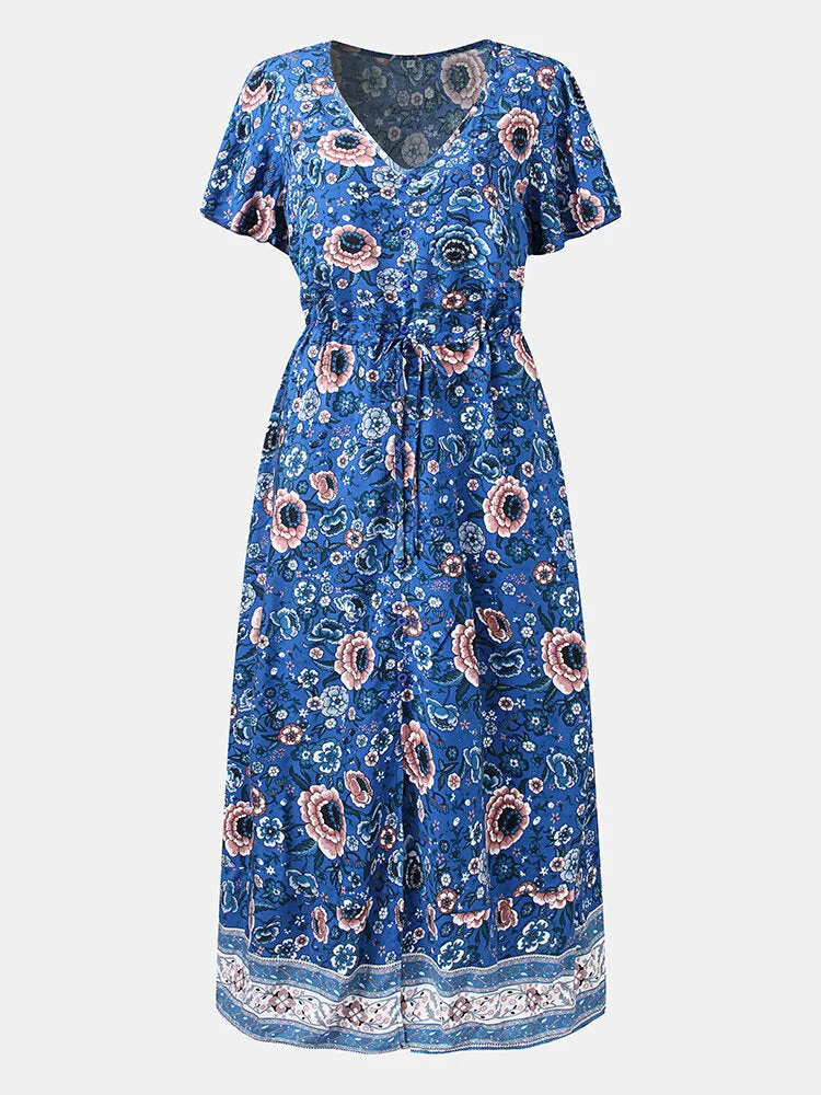 Flower Button Drawstring V-neck Short Sleeve Print Women Midi Dress