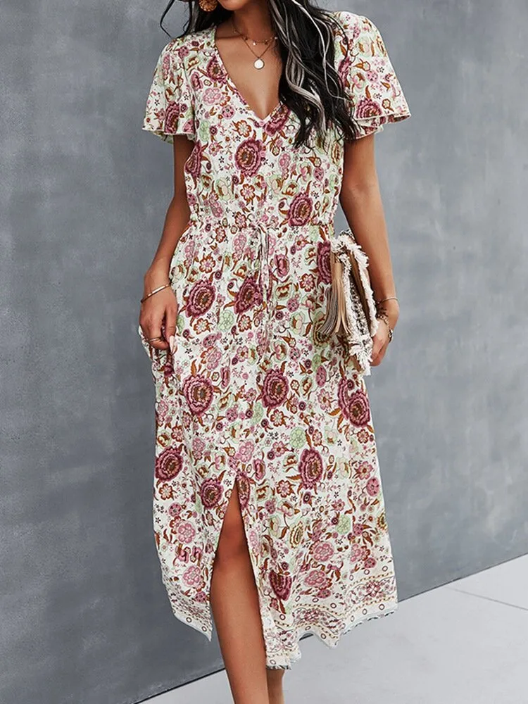 Flower Button Drawstring V-neck Short Sleeve Print Women Midi Dress