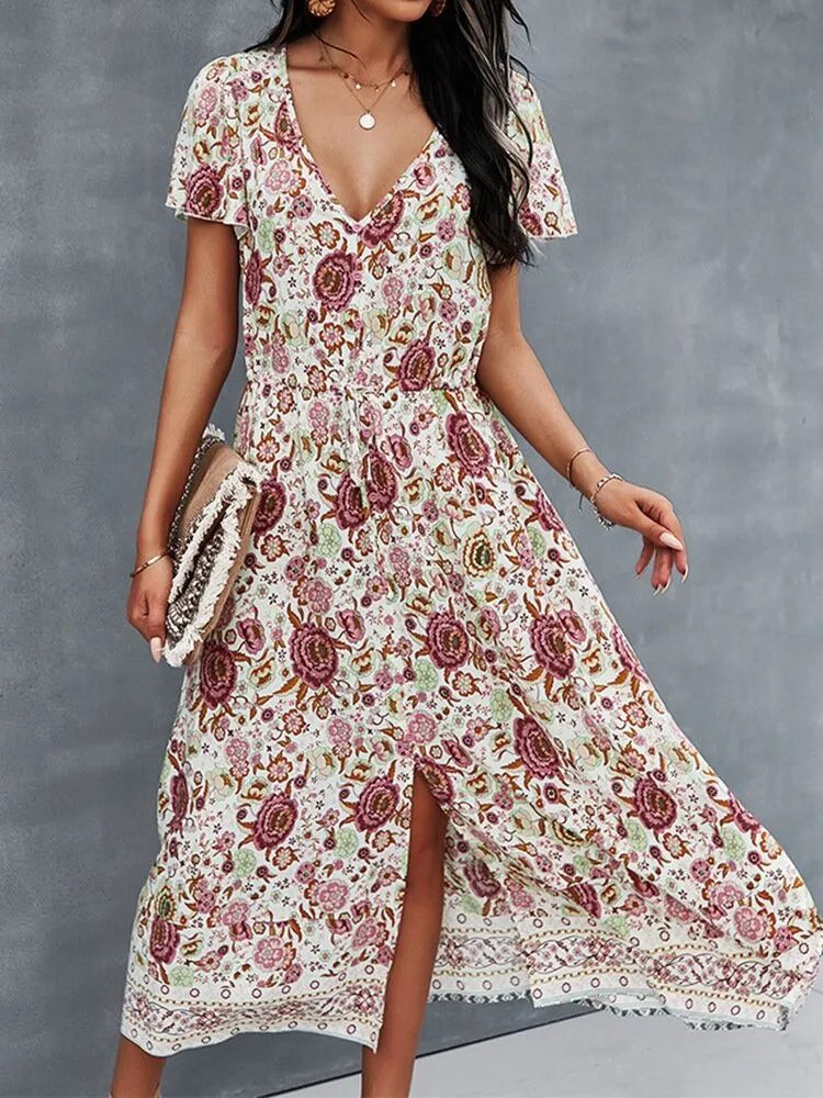Flower Button Drawstring V-neck Short Sleeve Print Women Midi Dress