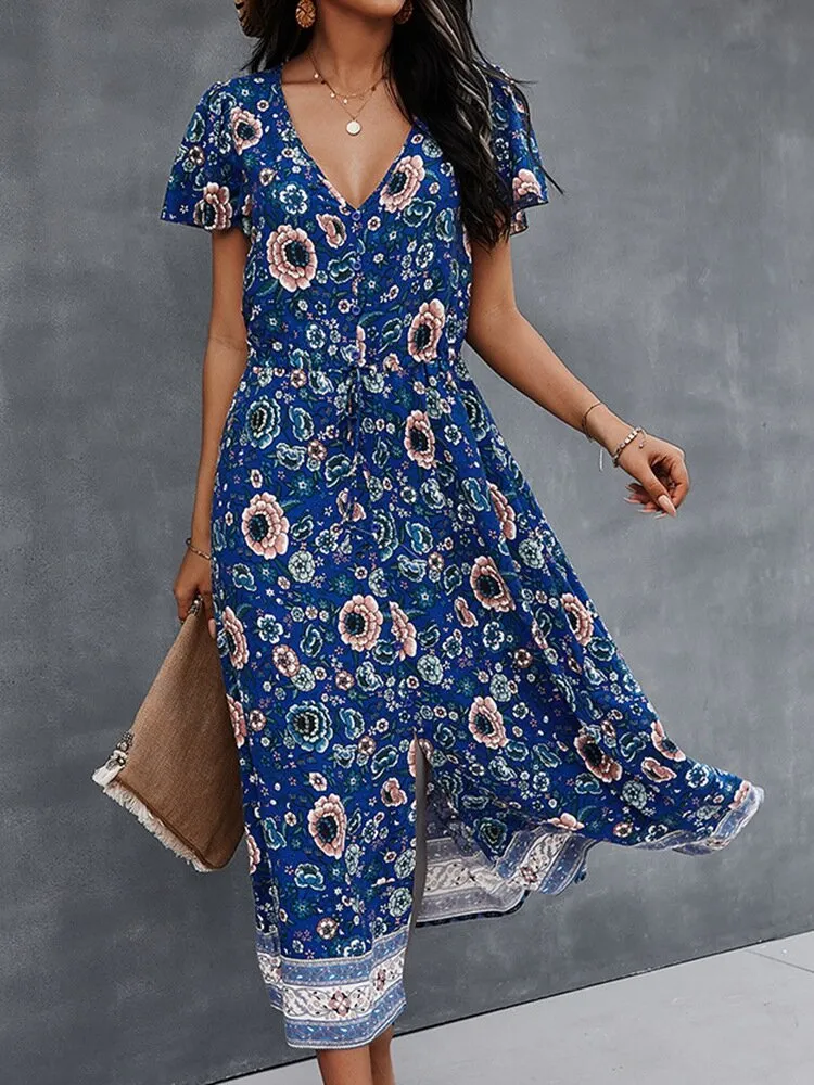 Flower Button Drawstring V-neck Short Sleeve Print Women Midi Dress