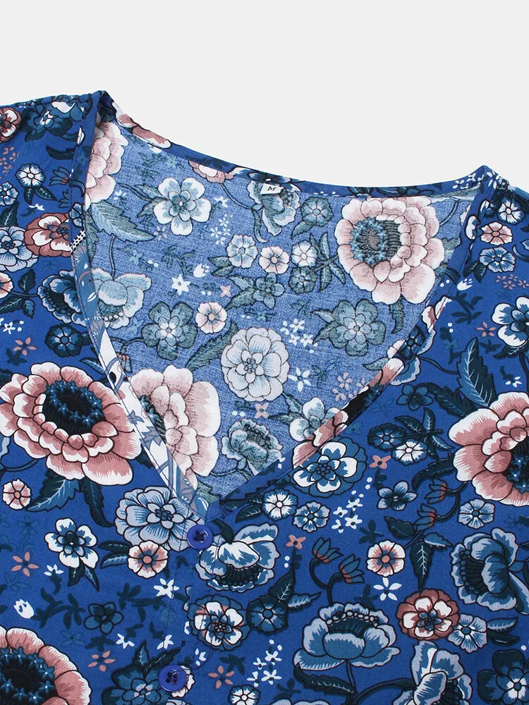 Flower Button Drawstring V-neck Short Sleeve Print Women Midi Dress