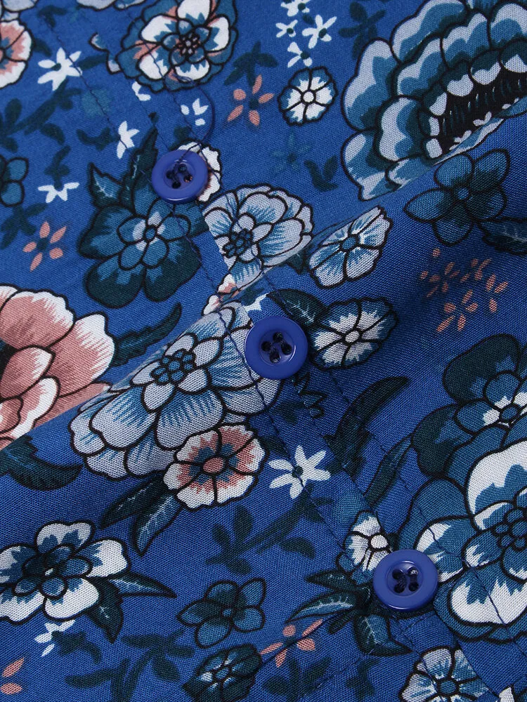 Flower Button Drawstring V-neck Short Sleeve Print Women Midi Dress