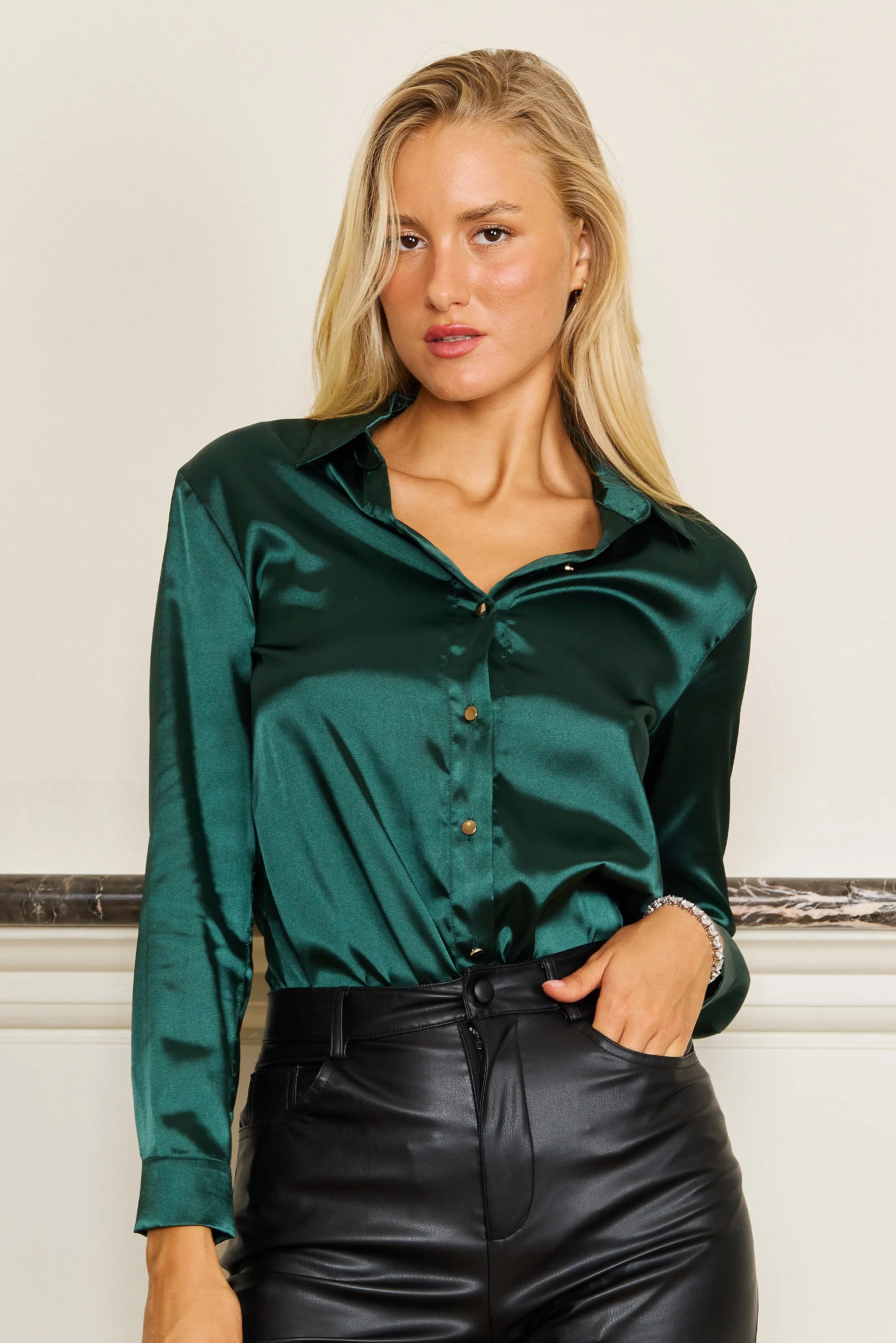 Formal Satin Long Sleeve Button Down Blouse Top