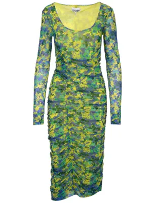 Ganni Ruched Logo Printed Midi Dress