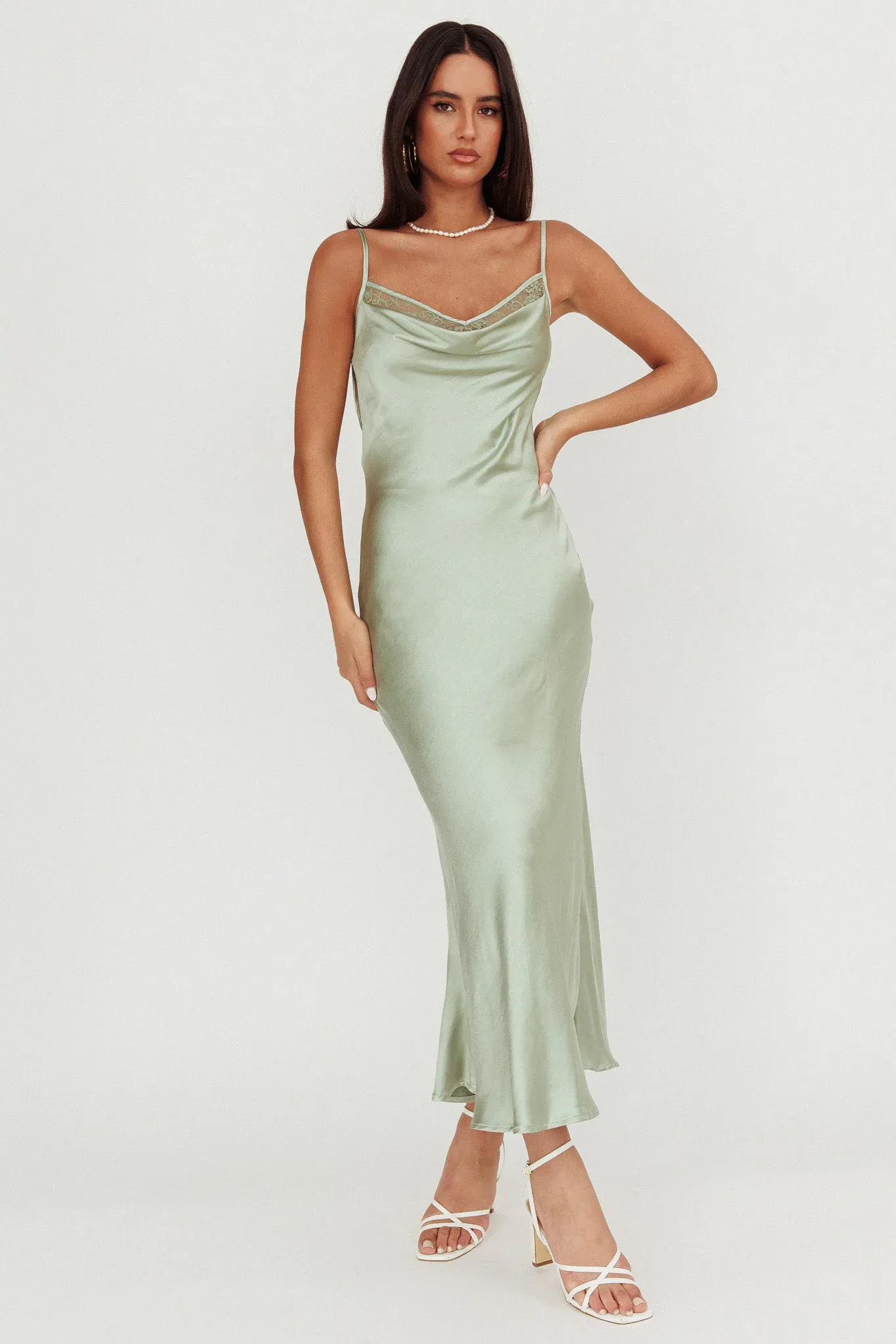 Gentle Touch Cowl Neck Satin Maxi Dress Sage