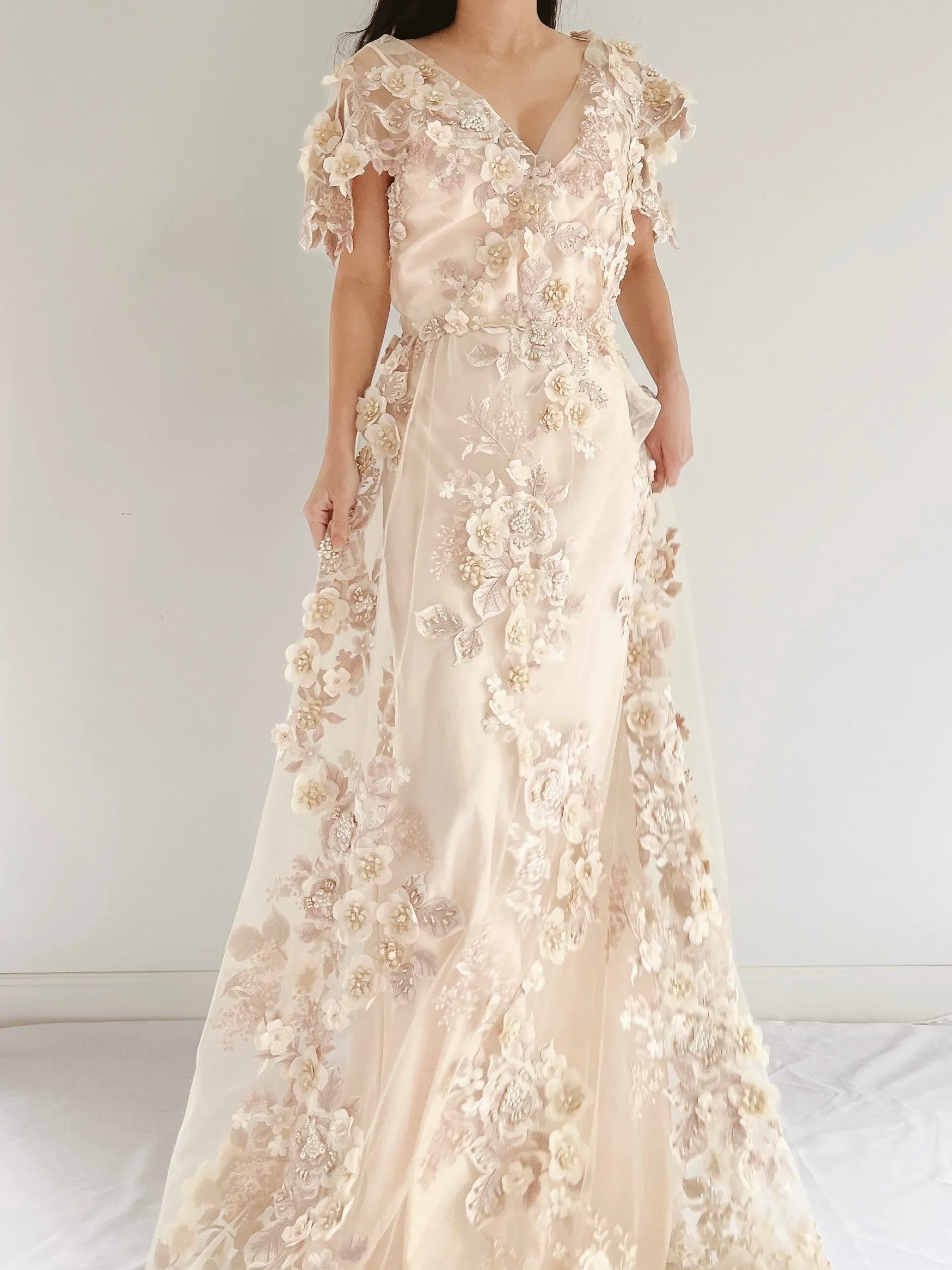 GOSSAMER Embroidered Cap Sleeves Gown - S/M