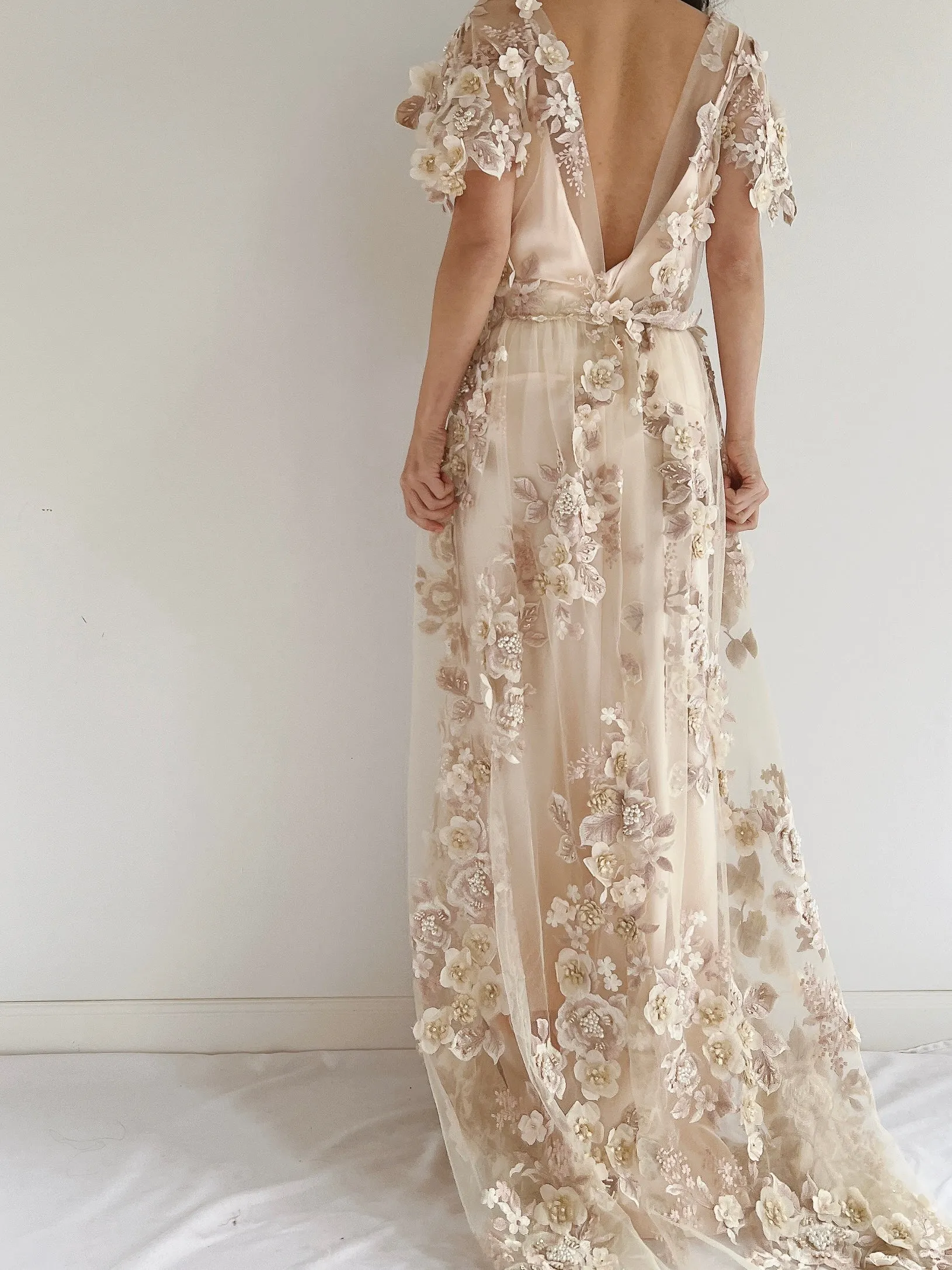 GOSSAMER Embroidered Cap Sleeves Gown - S/M
