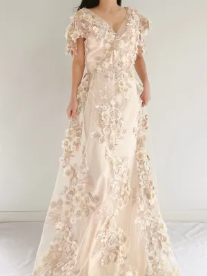GOSSAMER Embroidered Cap Sleeves Gown - S/M