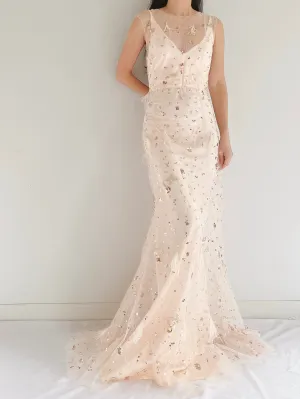 GOSSAMER Tulle Peach Sequins and Feather Gown - S/M