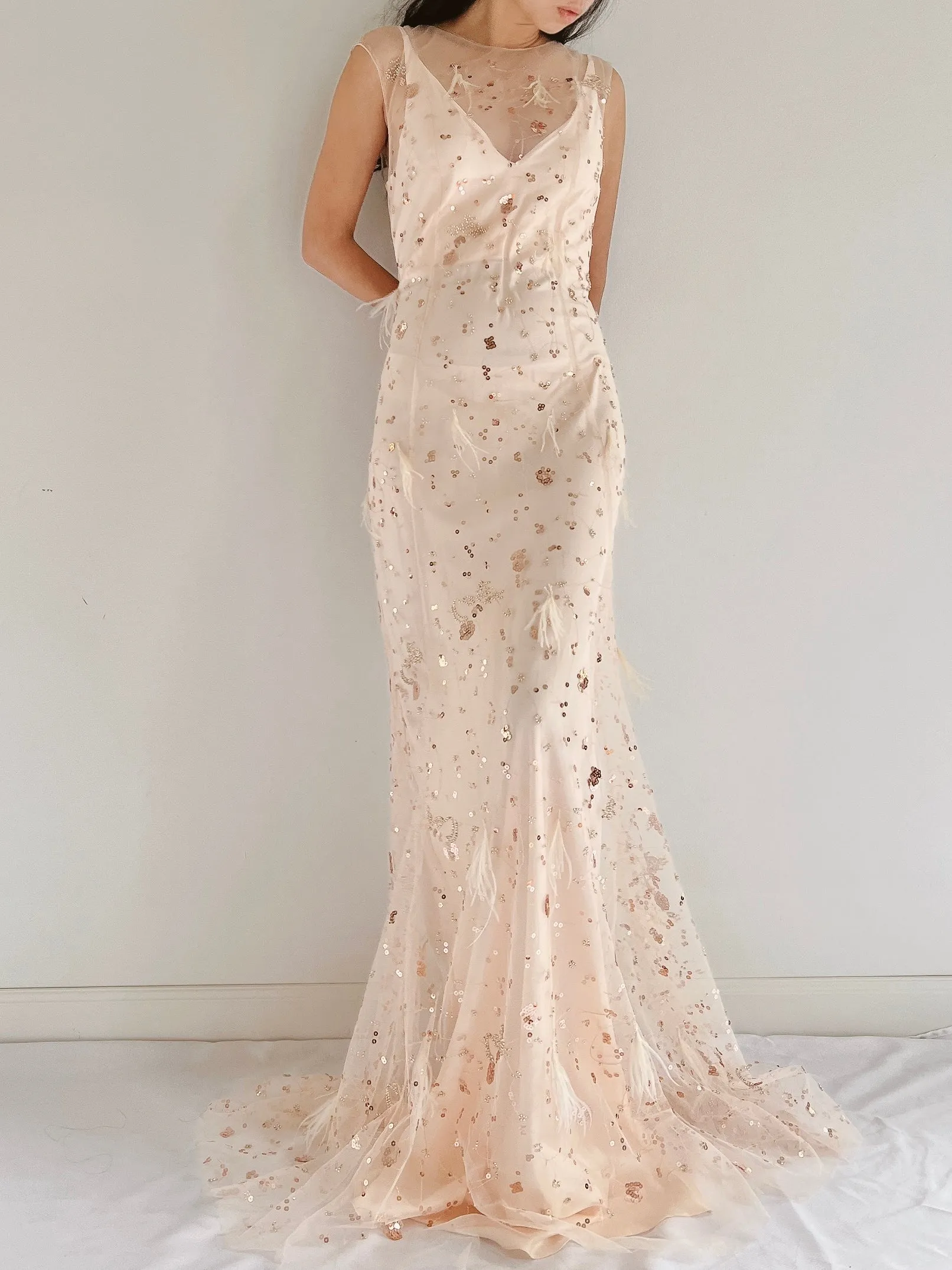 GOSSAMER Tulle Peach Sequins and Feather Gown - S/M