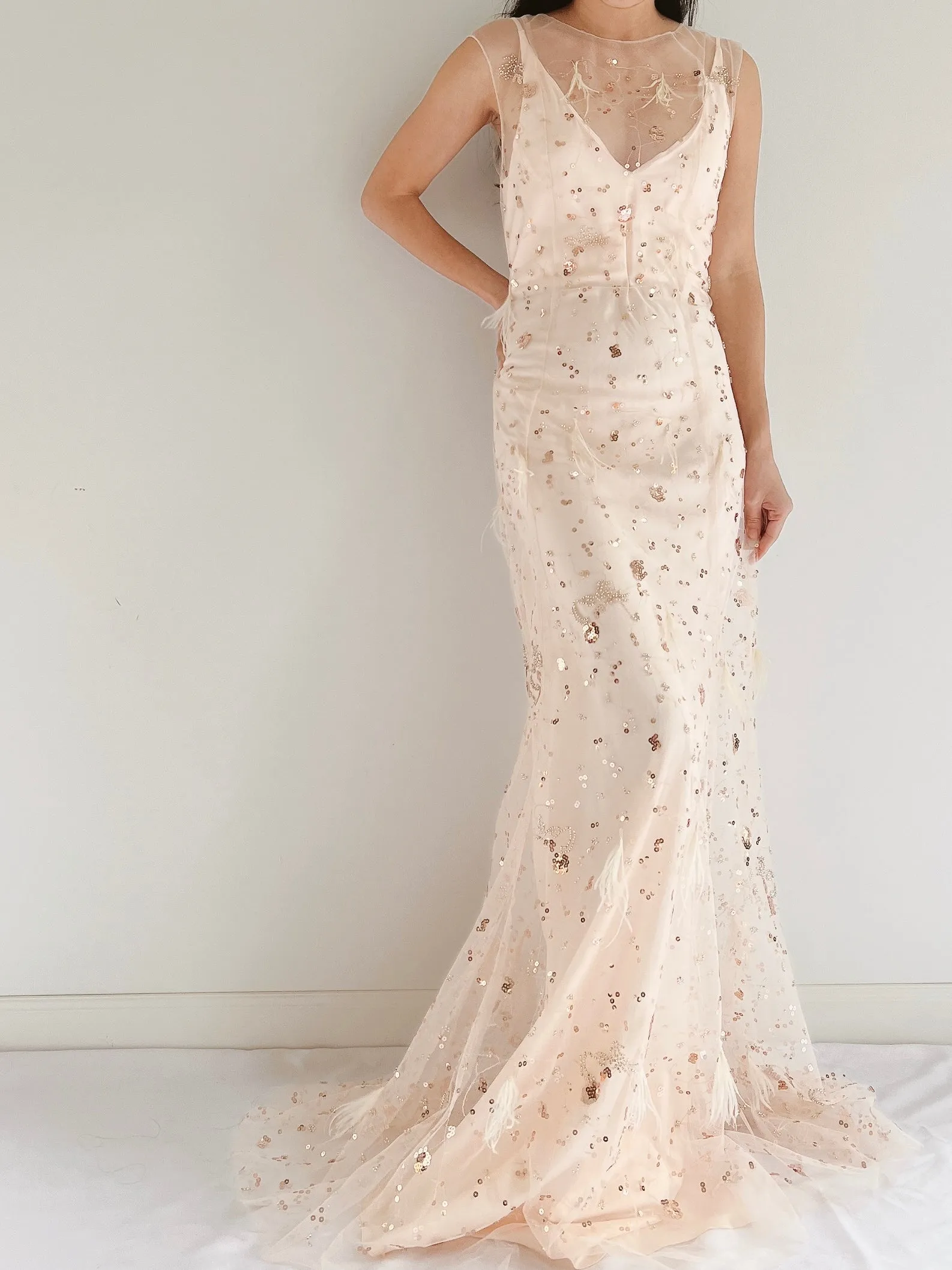 GOSSAMER Tulle Peach Sequins and Feather Gown - S/M
