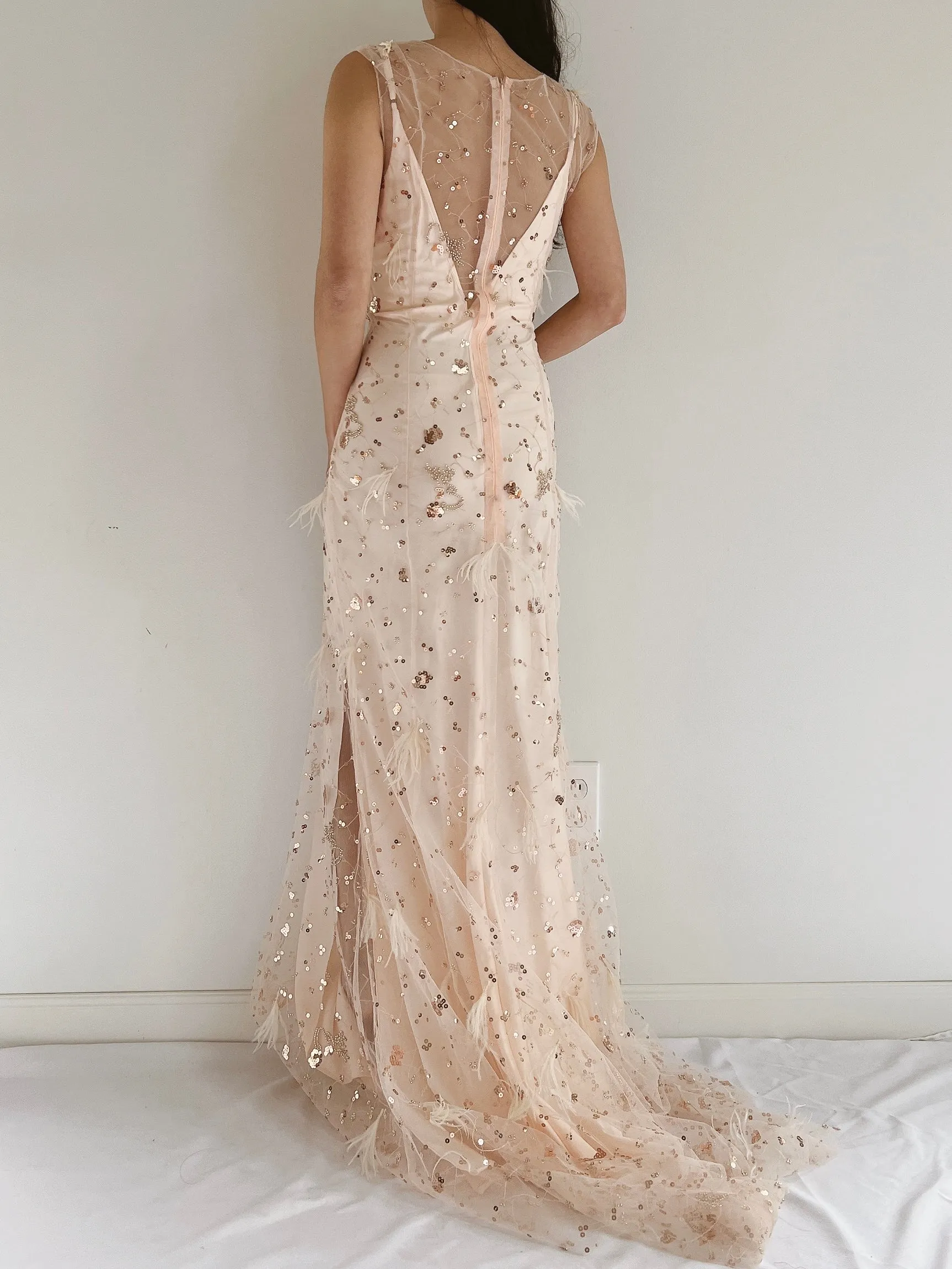 GOSSAMER Tulle Peach Sequins and Feather Gown - S/M