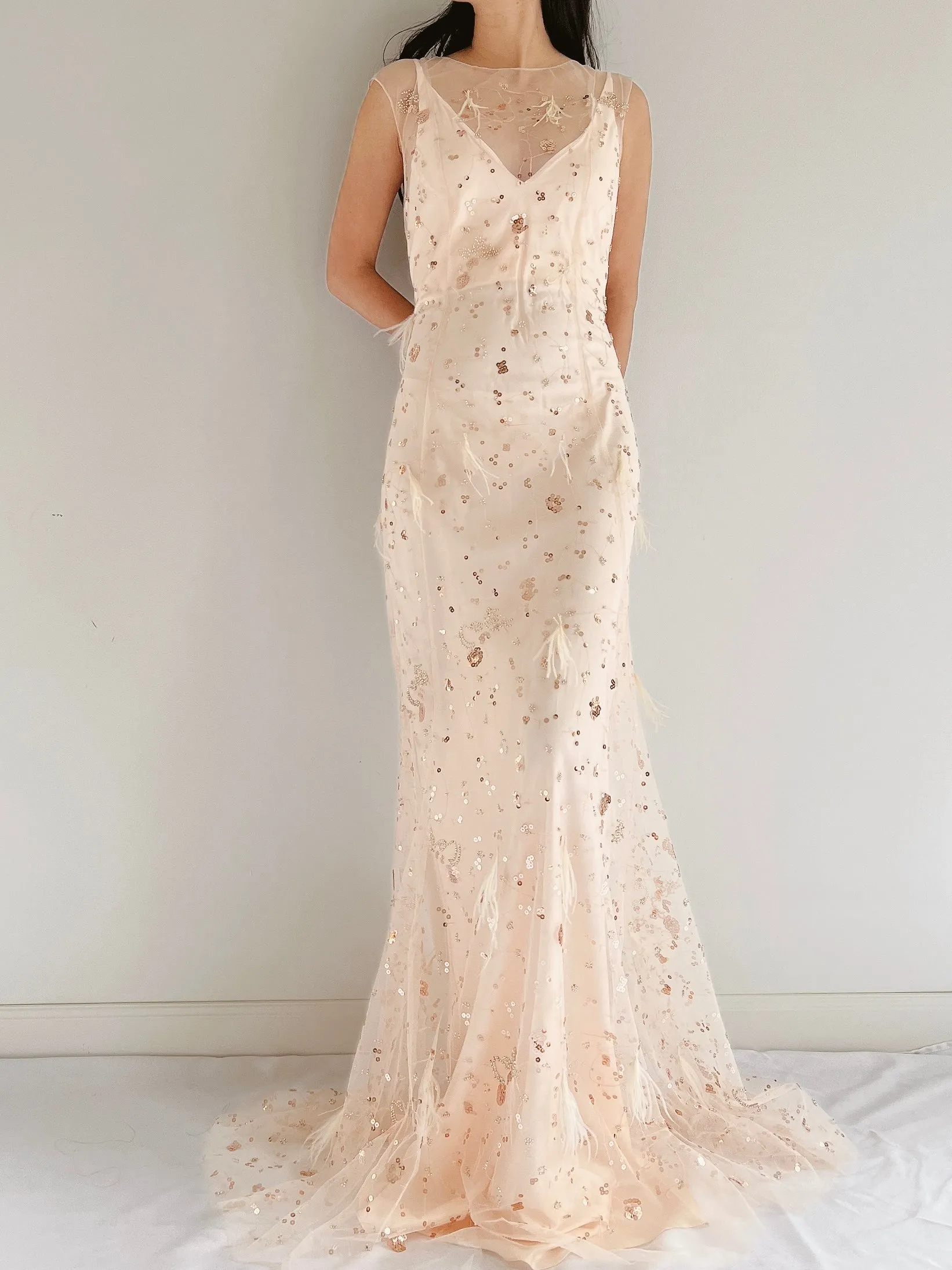 GOSSAMER Tulle Peach Sequins and Feather Gown - S/M