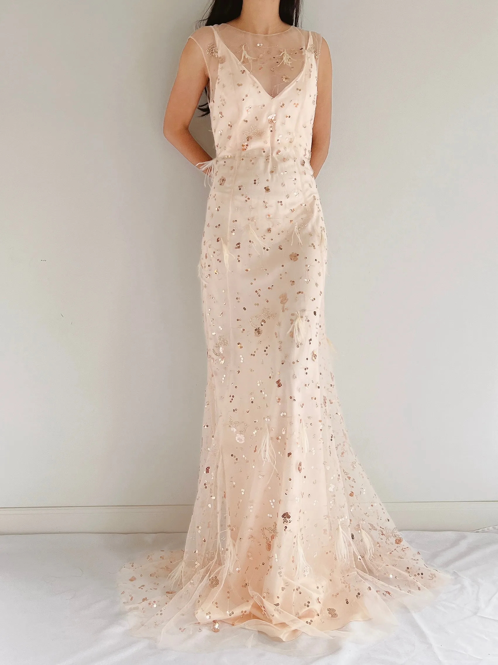 GOSSAMER Tulle Peach Sequins and Feather Gown - S/M
