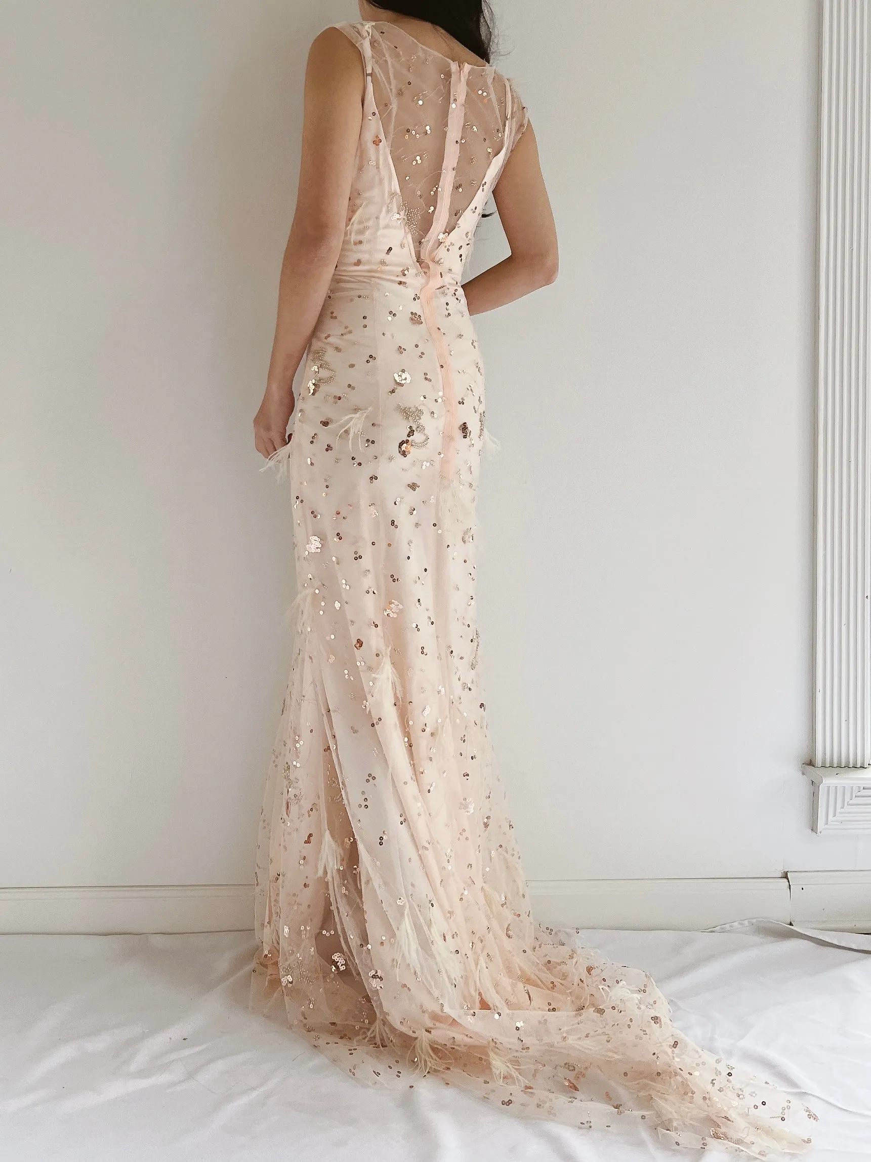 GOSSAMER Tulle Peach Sequins and Feather Gown - S/M