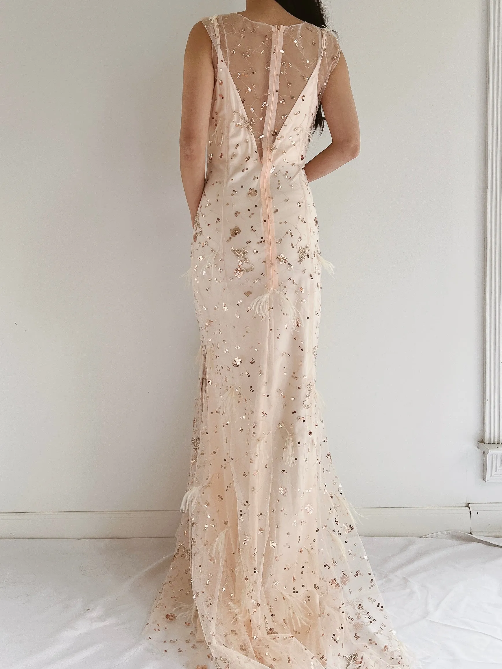 GOSSAMER Tulle Peach Sequins and Feather Gown - S/M