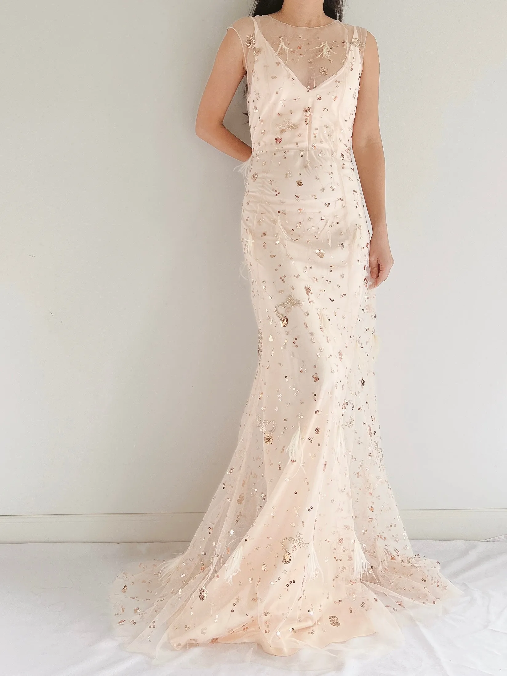 GOSSAMER Tulle Peach Sequins and Feather Gown - S/M