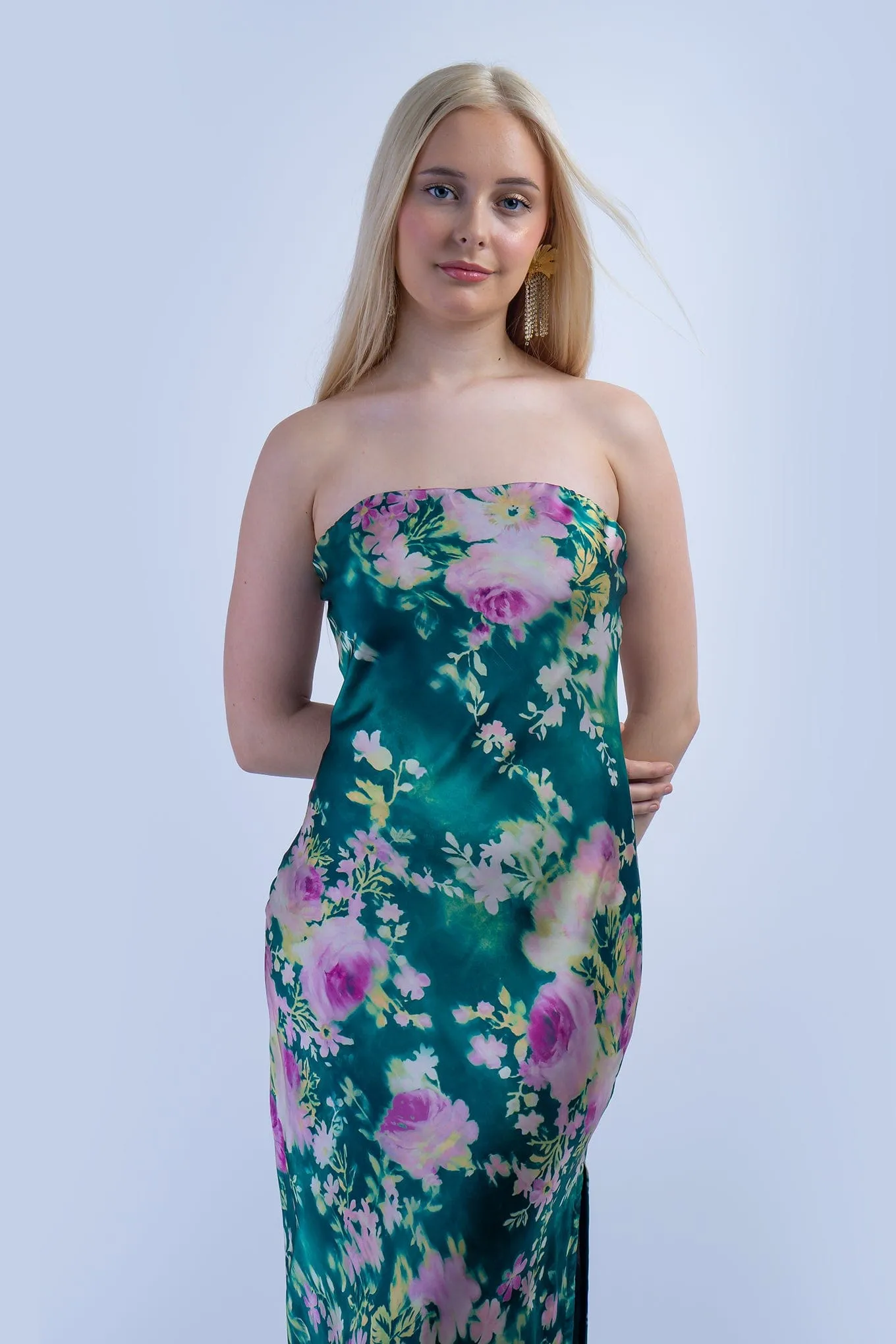 Green and Pink Floral Strapless Bias Dress