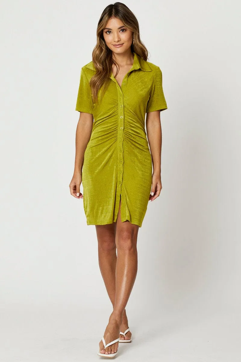 Green Button Front Ruched Shirt Dress