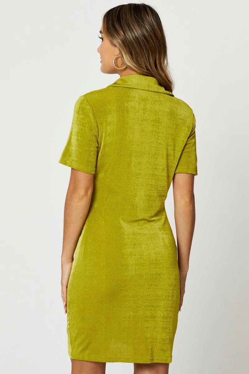 Green Button Front Ruched Shirt Dress