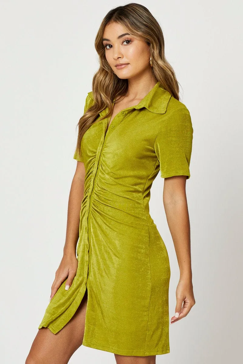 Green Button Front Ruched Shirt Dress