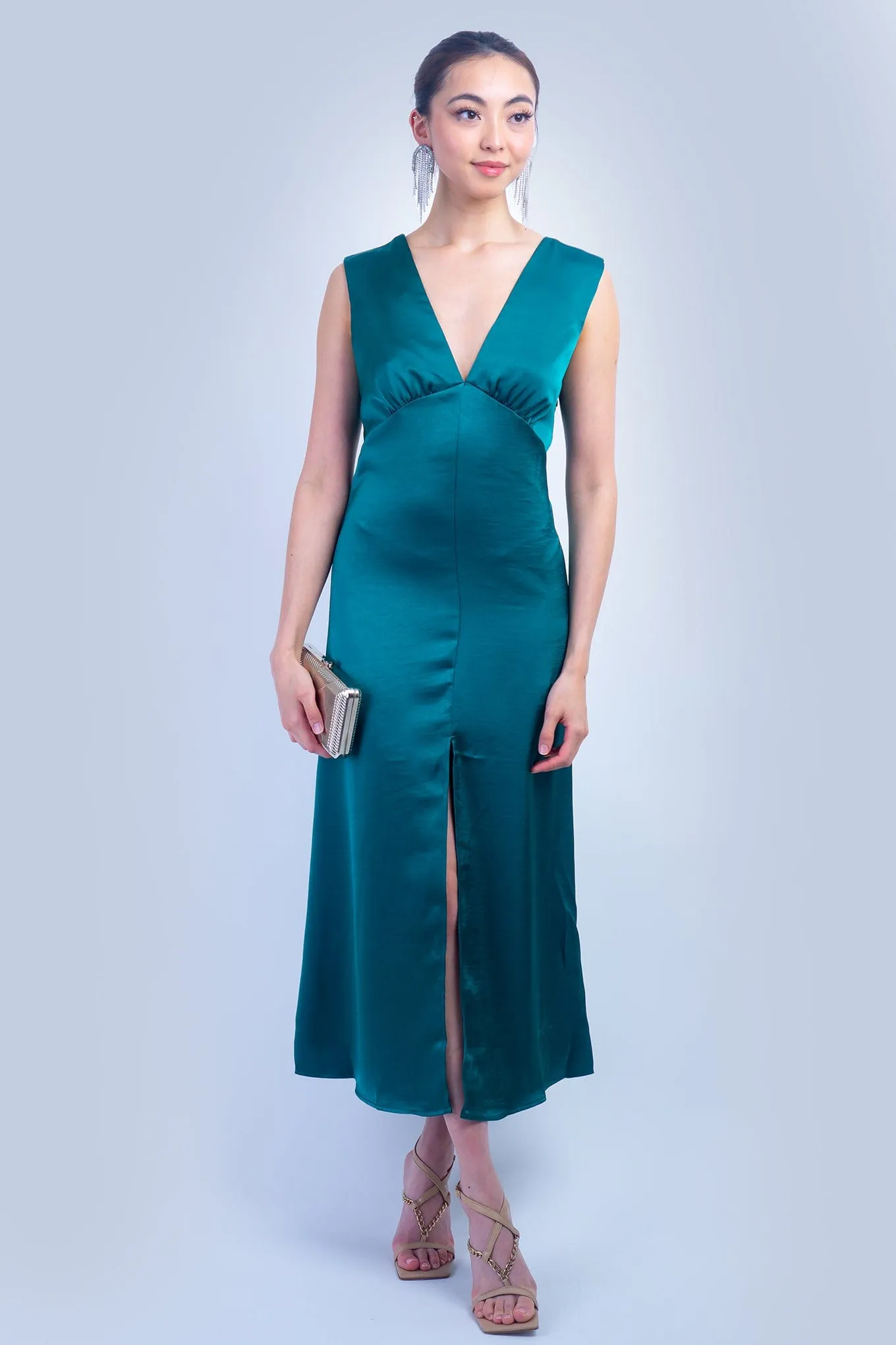 Green Satin Twist Back Maxi Dress