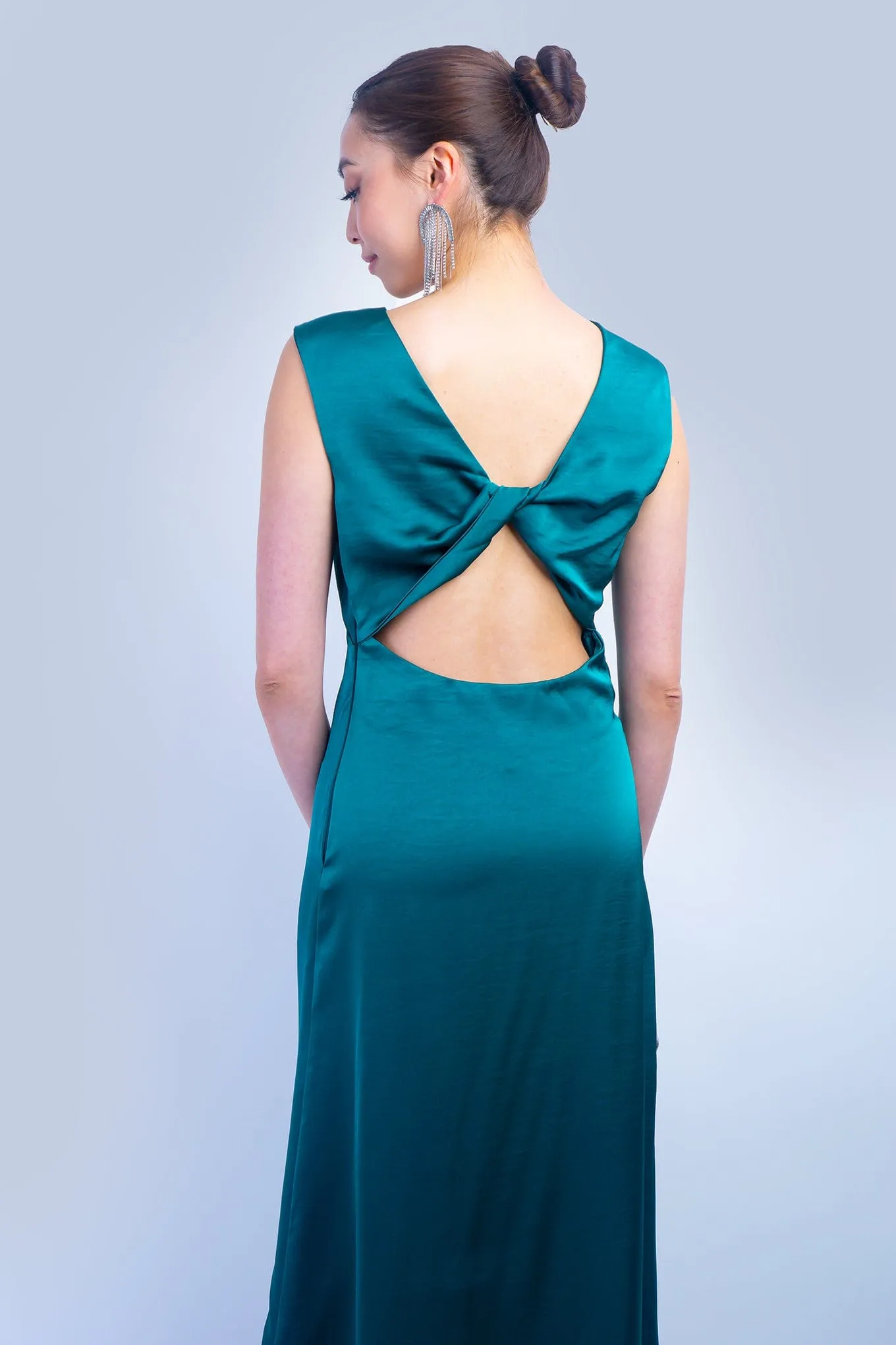 Green Satin Twist Back Maxi Dress