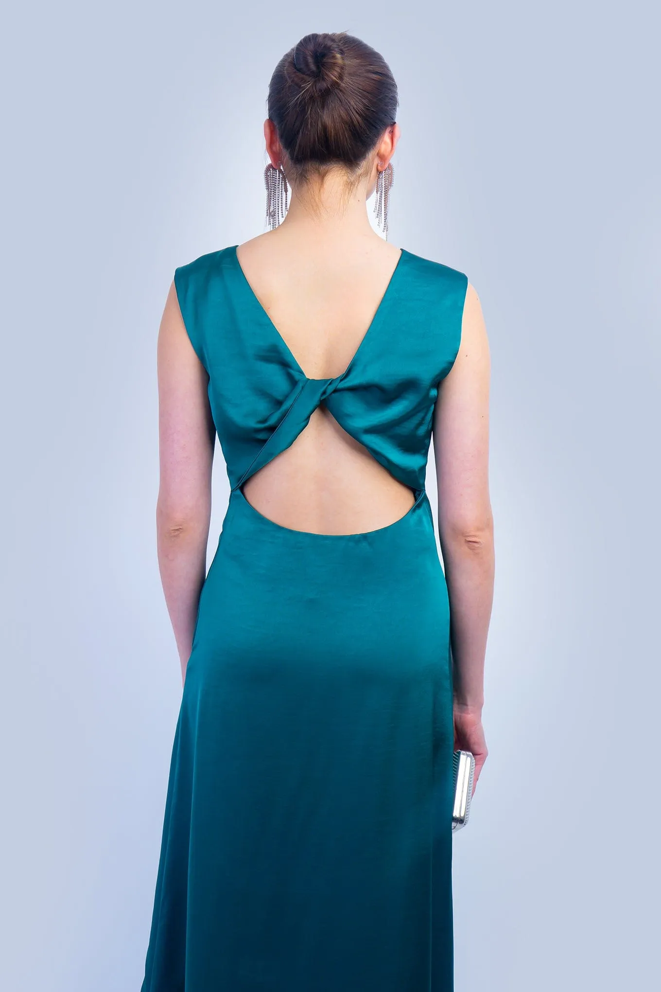 Green Satin Twist Back Maxi Dress