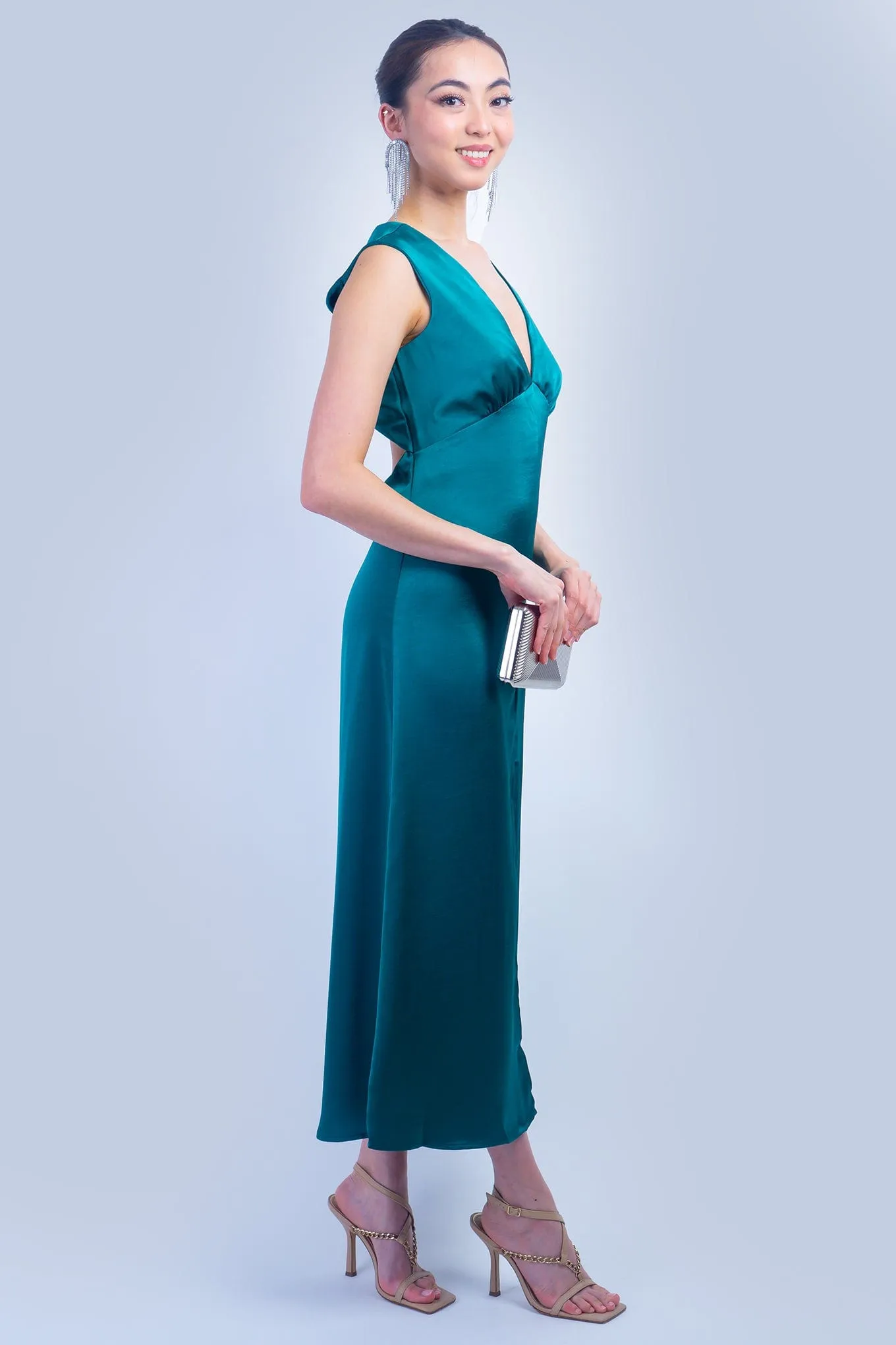 Green Satin Twist Back Maxi Dress